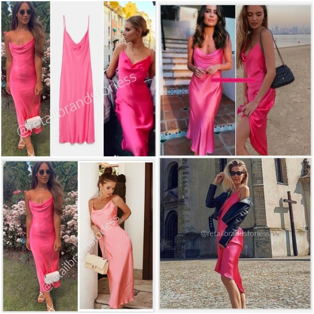 ZARA SATIN CAMI COWL NECK FUCHSIA SLIP MIDI MAXI DRESS